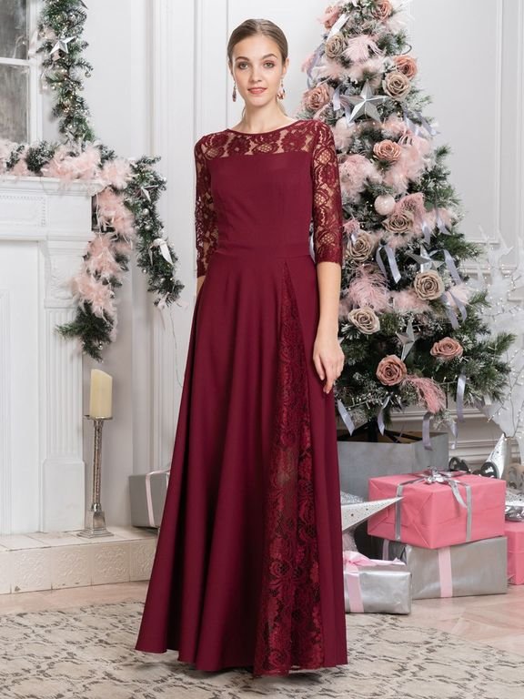 Бордовое длинное вечернее платье с кружевом "Анжела" 20 цветов, размеры 40-60