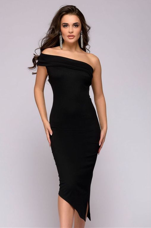 Короткое черное платье асимметрия с открытыми плечиками "Бэтси" 20 цветов, размеры 40-60