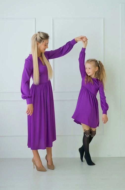 Платья миди сиреневые family look для мамы и дочки, 25 цветов, размеры 24-60