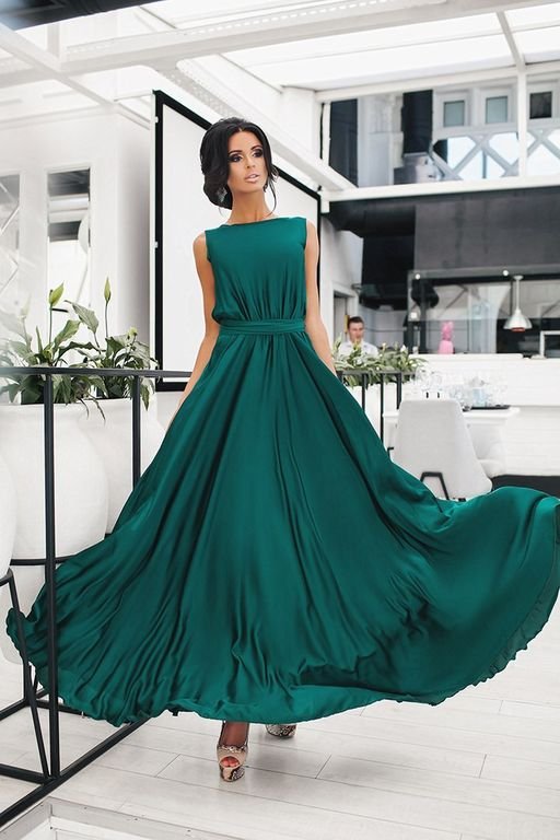 Темно-зеленое вечернее шелковое платье в пол "Этель" 5 цветов, размеры 40-54