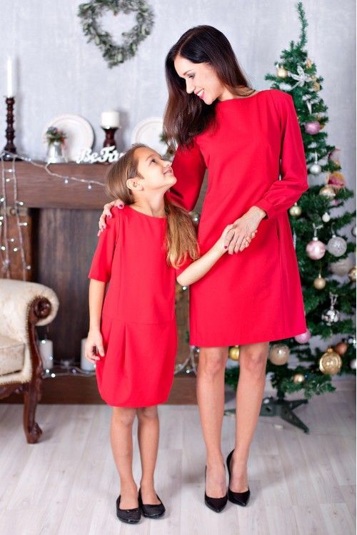 Красные короткие платья для мамы и дочки family look, 25 цветов, размеры 24-60
