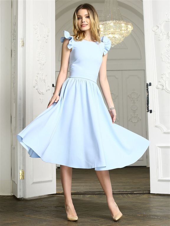 Голубое платье миди с рюшами на плечиках "Ангела" 20 цветов, размеры 40-60