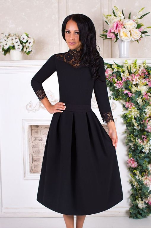 Черное платье миди с кружевной вставкой "Хилари" 6 цветов, размеры 40-60