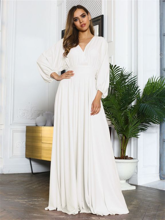 Роскошное вечернее платье в пол с широким рукавом белого цвета "Триумф" 20 цветов, размеры 40-60