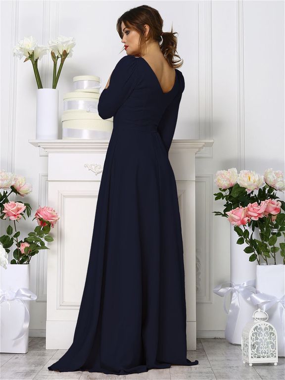 Темно-синее длинное вечернее платье с приоткрытой спинкой "Елизавета" 20 цветов, размеры 40-60