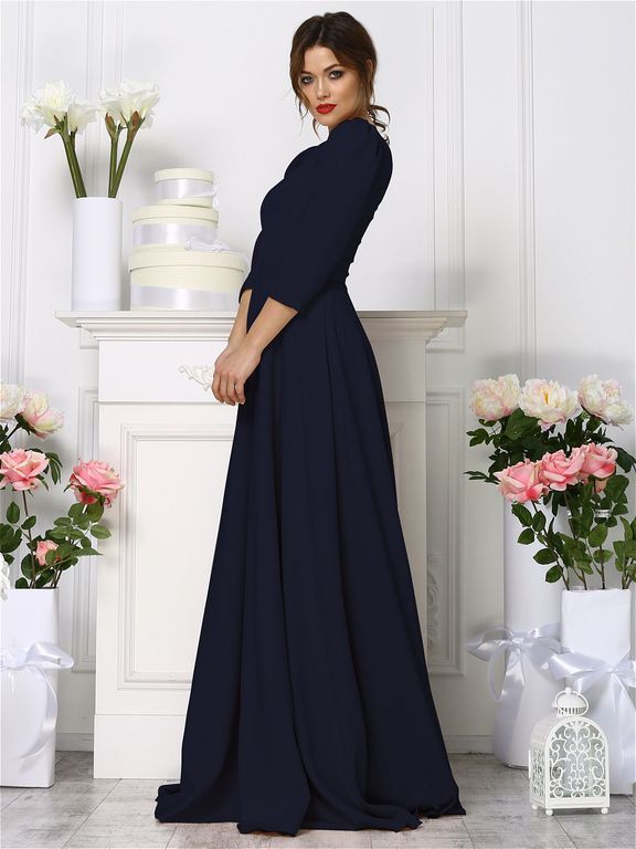 Темно-синее длинное вечернее платье с приоткрытой спинкой "Елизавета" 20 цветов, размеры 40-60