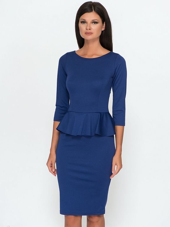 Синее деловое платье с баской, 20 цветов, размеры 40-60