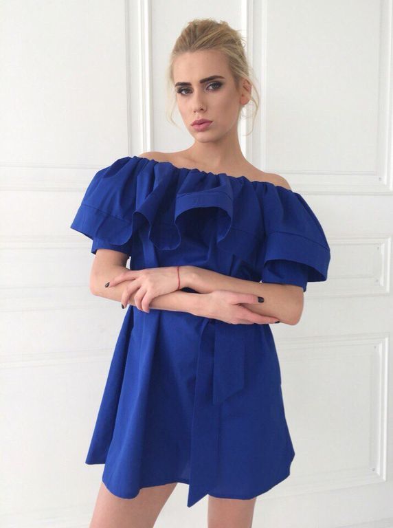Легке синє платтячко з воланом "Хайді" 20 кольорів, розміри 40-60