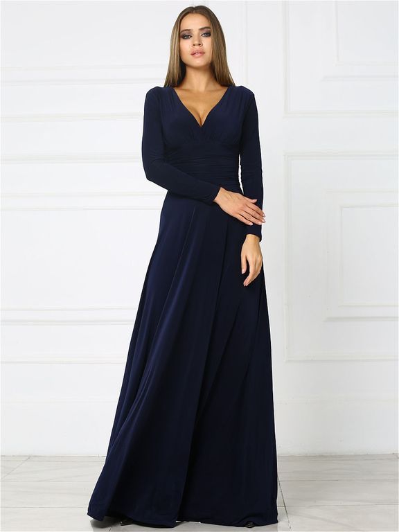 Темно-синее длинное вечернее платье с открытой спинкой "Забава" 20 цветов, размеры 40-60