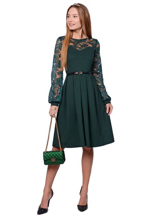 Зеленое короткое платье с широким кружевным рукавом, 6 цветов, размеры 40-60
