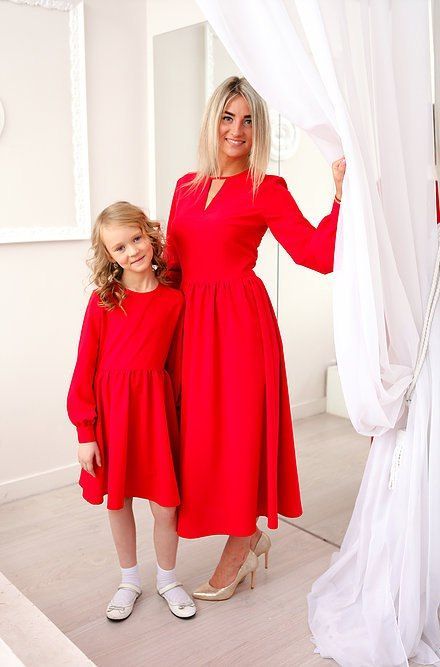 Красные платья миди с длинным рукавом family look для мамы и дочки, 25 цветов, размеры 24-60