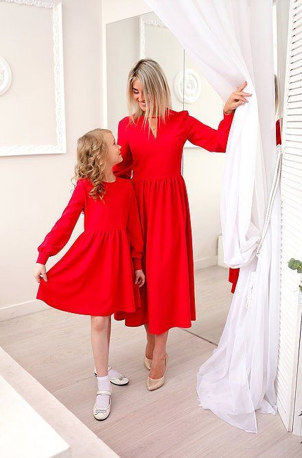 Червоні сукні міді з довгим рукавом family look для мами і доньки, 25 кольорів, розміри 24-60