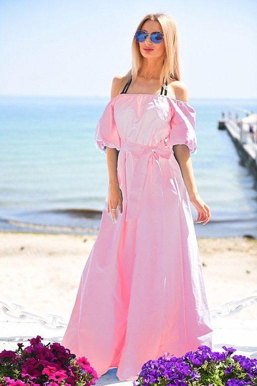 Рожеве довге плаття з відкритими плечиками "Фенікс" 20 кольорів, розміри 40-60