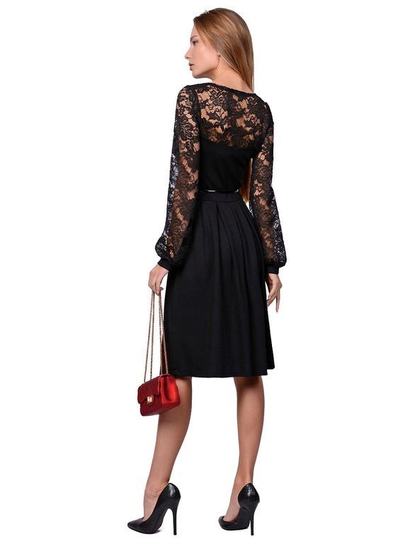Черное короткое платье с широким кружевным рукавом, 6 цветов, размеры 40-60