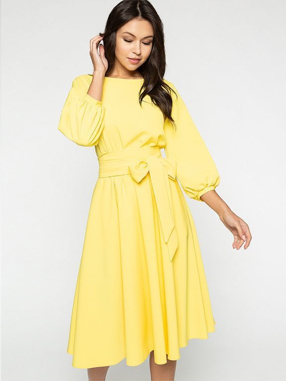 Желтое платье миди с рукавом-фонариком "Глафира" 20 цветов, размеры 40-60