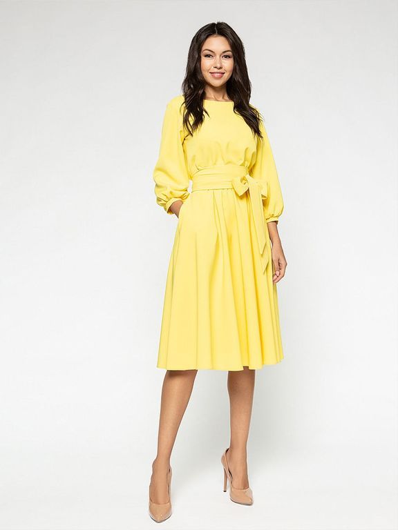 Жовте плаття міді з рукавом-ліхтариком "Глафіра" 20 кольорів, розміри 40-60