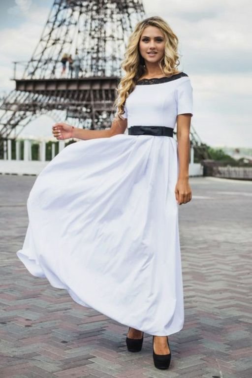 Нарядна біла сукня максі з бантом на поясі "Анабель" 20 кольорів, розміри 40-60