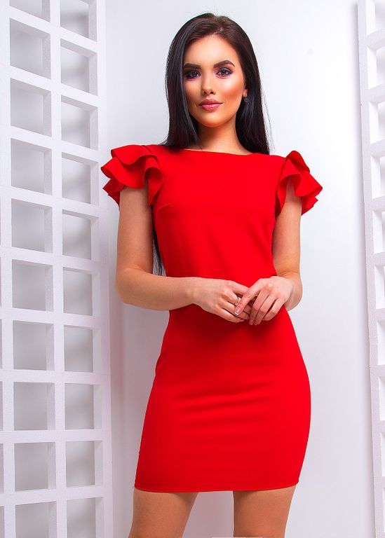 Коротке червоне плаття з рюшами на плечиках "Дольче" 20 кольорів, розміри 40-60