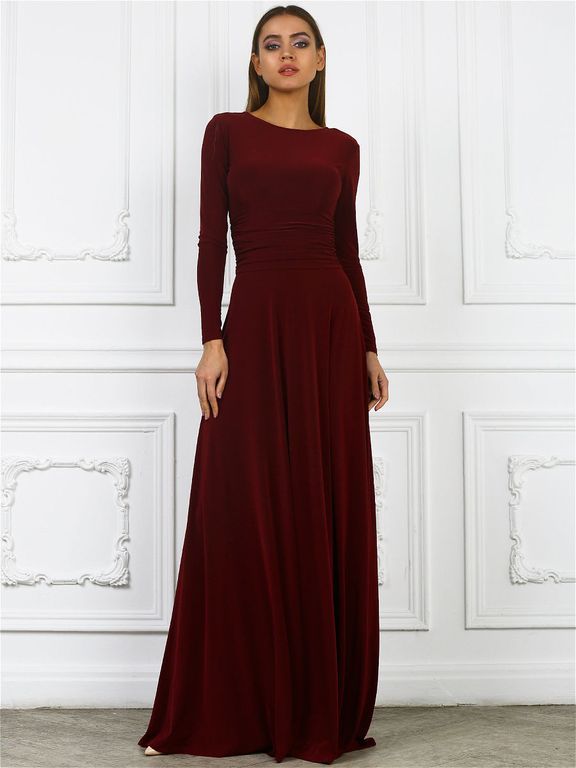 Бордовое вечернее платье в пол с открытой спинкой "Ламия" 20 цветов, размеры 40-60