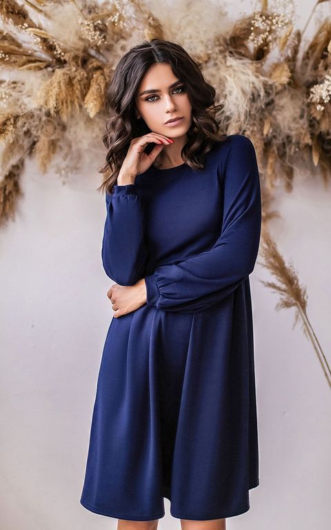Короткое темно-синее платье с расклешенной юбкой "Гульнара" 20 цветов, размеры 40-60