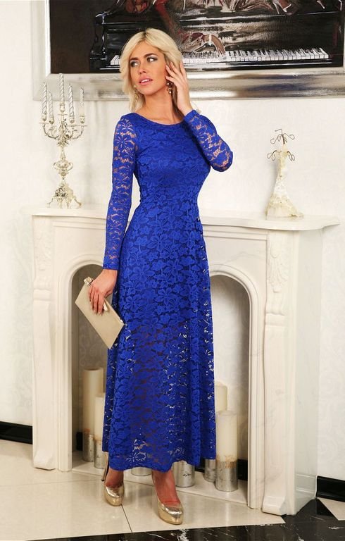 Синее длинное вечернее платье из кружева "Камелия" 6 цветов, размеры 40-60