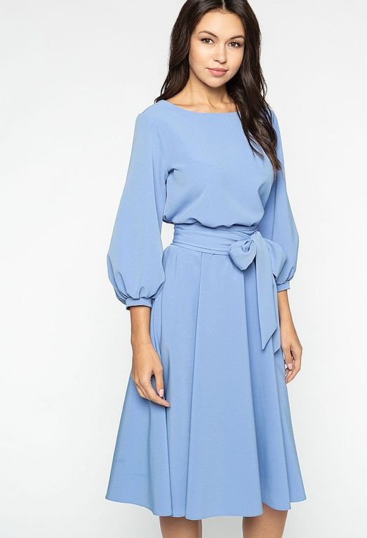 Голубое платье миди с рукавом-фонариком "Глафира" 20 цветов, размеры 40-60