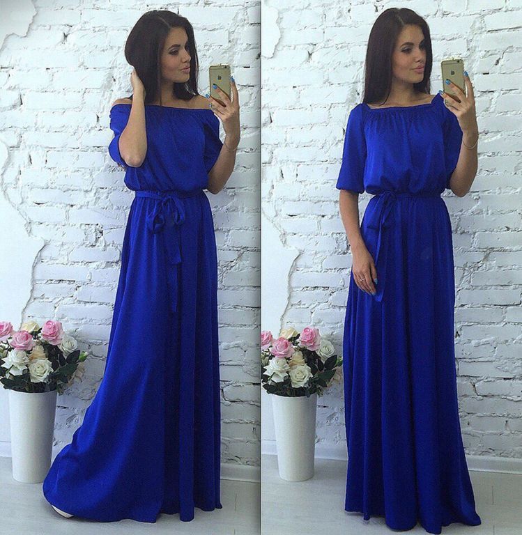 Довге синє плаття з відкритими плечиками "Катаріна" 20 кольорів, розміри 40-60