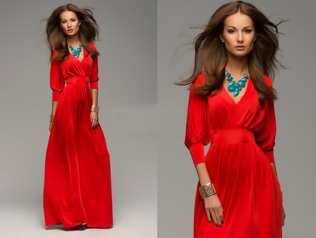 Красное вечернее платье с вырезом и длинным рукавом "Фрэнсис" 20 цветов, размеры 40-60