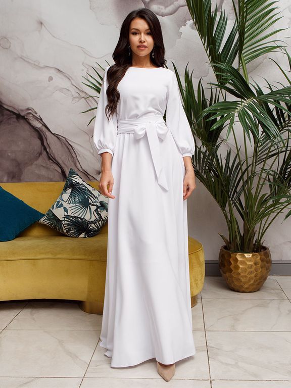 Довге вечірнє плаття з рукавом-ліхтариком білого кольору "Стейсі" 25 кольорів, розміри 40-60