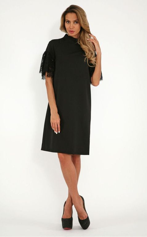 Чорне коротке плаття з широким мереживним рукавом "Меган" 6 кольорів, розміри 40-60