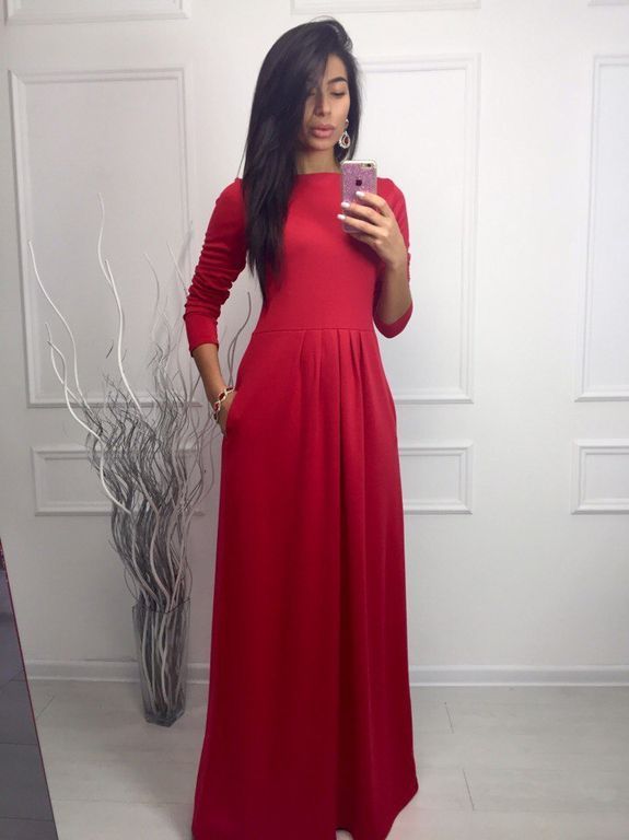 Красное длинное платье с карманами "Имари" 20 цветов, размеры 40-60