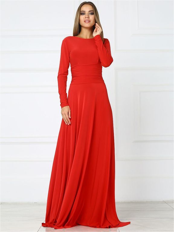 Красное вечернее платье в пол с открытой спинкой "Ламия" 20 цветов, размеры 40-60