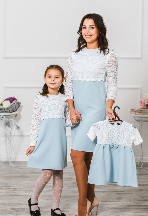 Кружевные голубые платья family look для мамы и дочки, 25 цветов, размеры 24-60