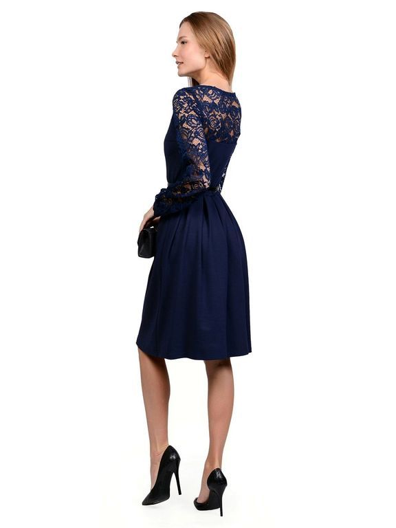 Синє коротке плаття з широким мереживним рукавом, 6 кольорів, розміри 40-60