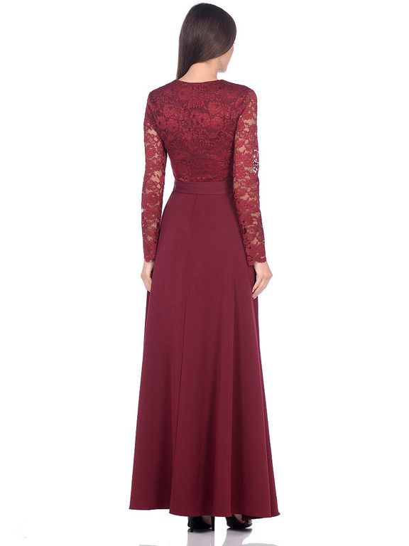 Бордове довге вечірнє плаття з мереживним верхом "Ксенія" 6 кольорів, розміри 40-60