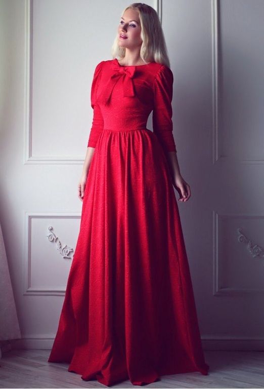 Довга червона сукня з бантом спереду "Раміна" 20 кольорів, розміри 40-60