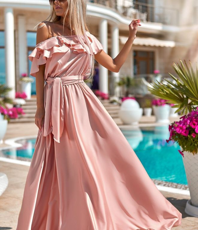 Довге шовкове вечірнє плаття колір пудра "Белінда" 5 кольорів, розміри 40-54