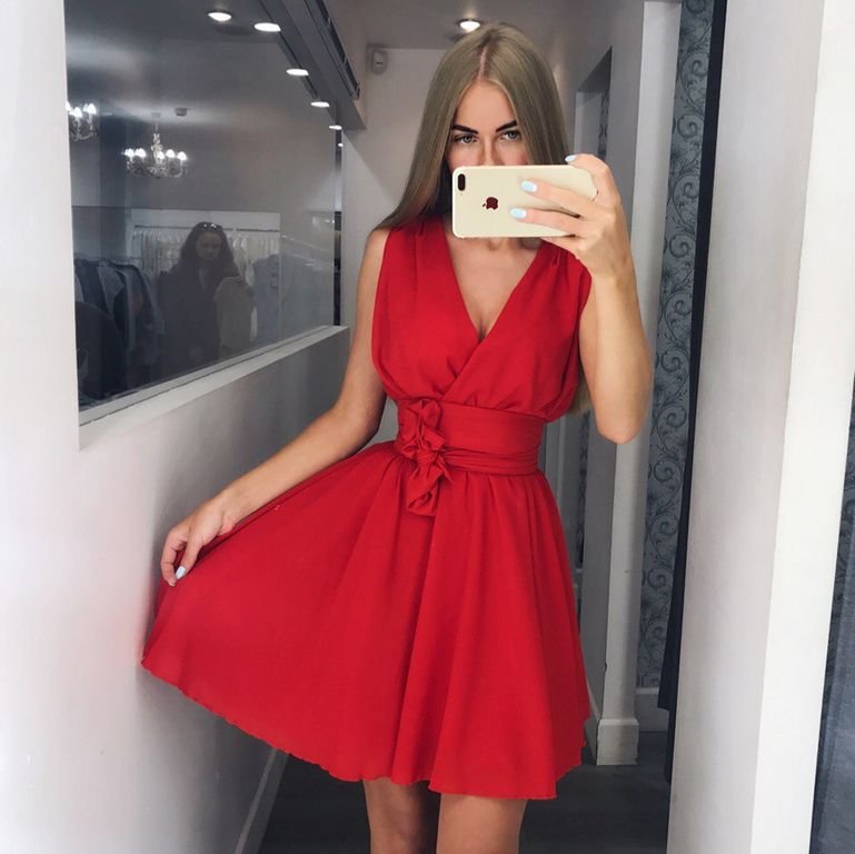 Короткое красное платье с поясом "Доминика" 20 цветов, размеры 40-60